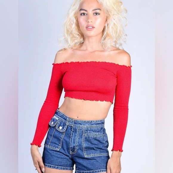 Missguided, size 4, off the shoulder long sleeve crop top. Cherry red - Picture 1 of 9